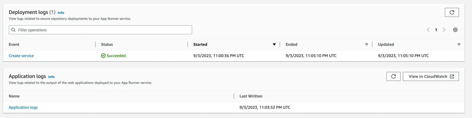 App Runner Console | Service Detail View | Deployment Logs