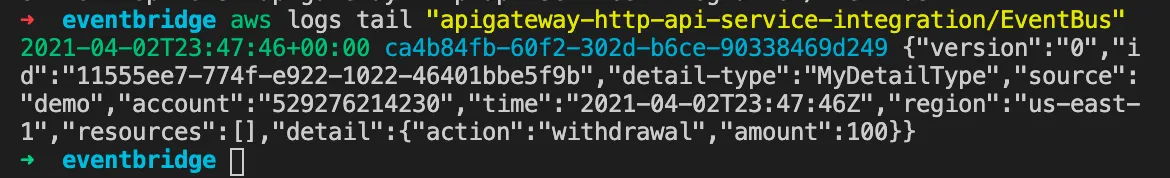 aws logs tail output