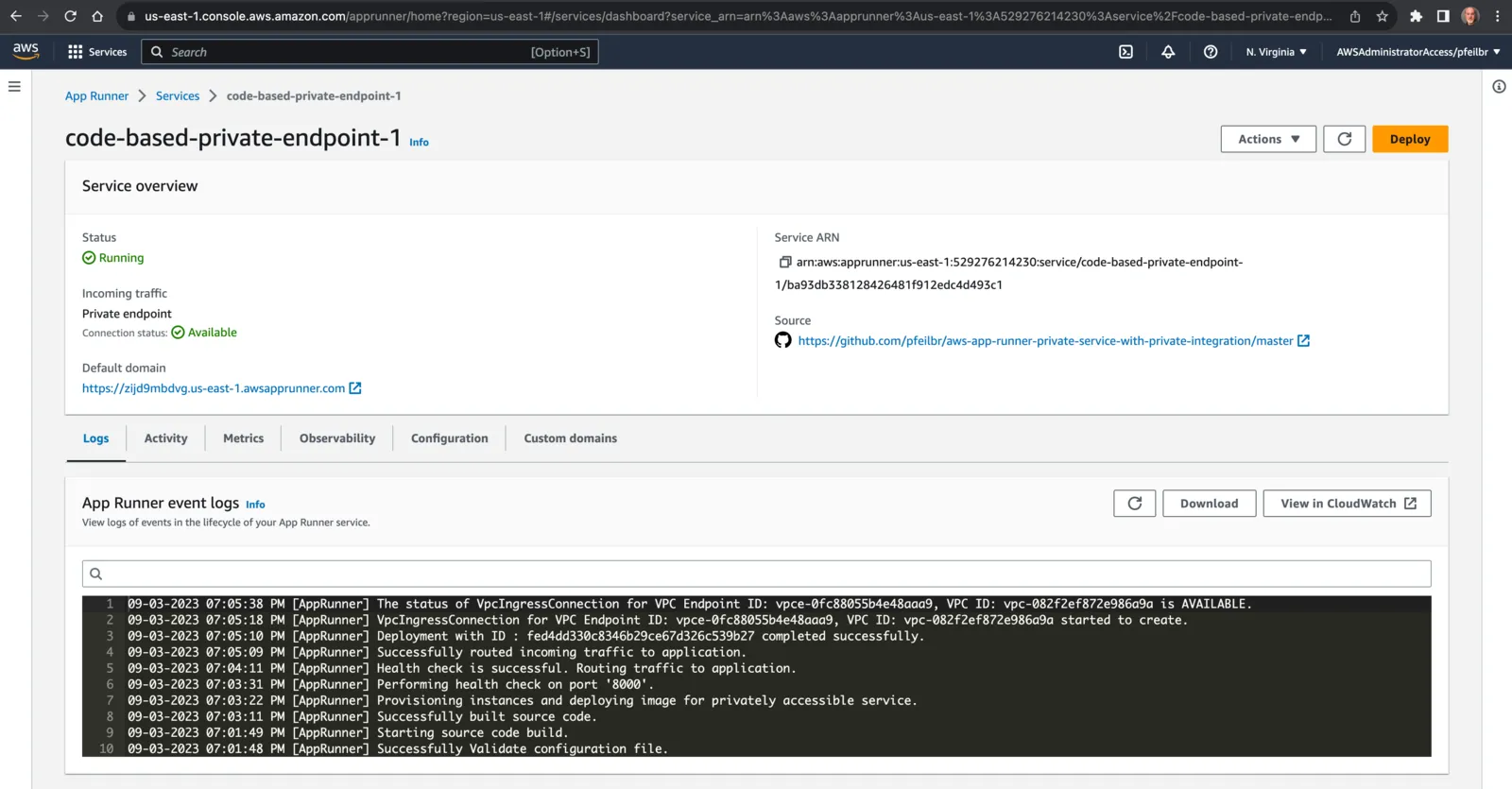 App Runner Console | Service Detail View